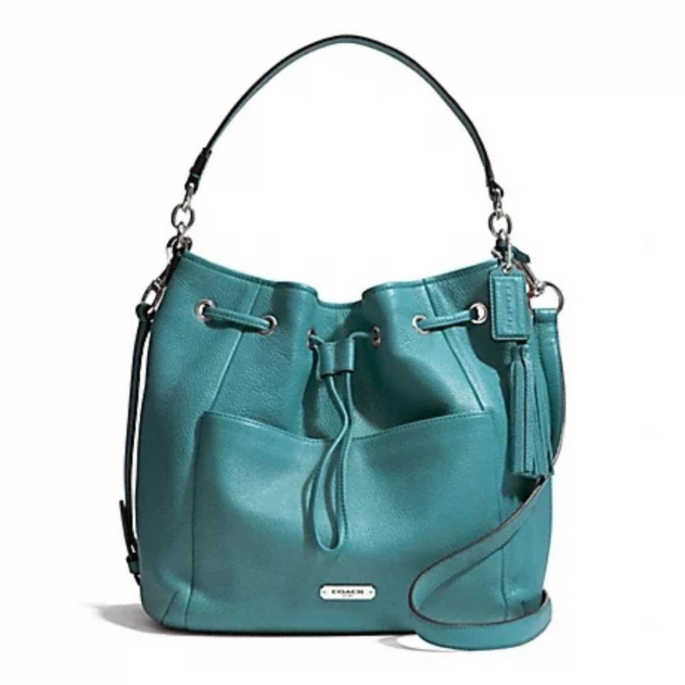 COACH Designer Blue AVERY LEATHER Drawstring Bucket Bag Purse Handbag